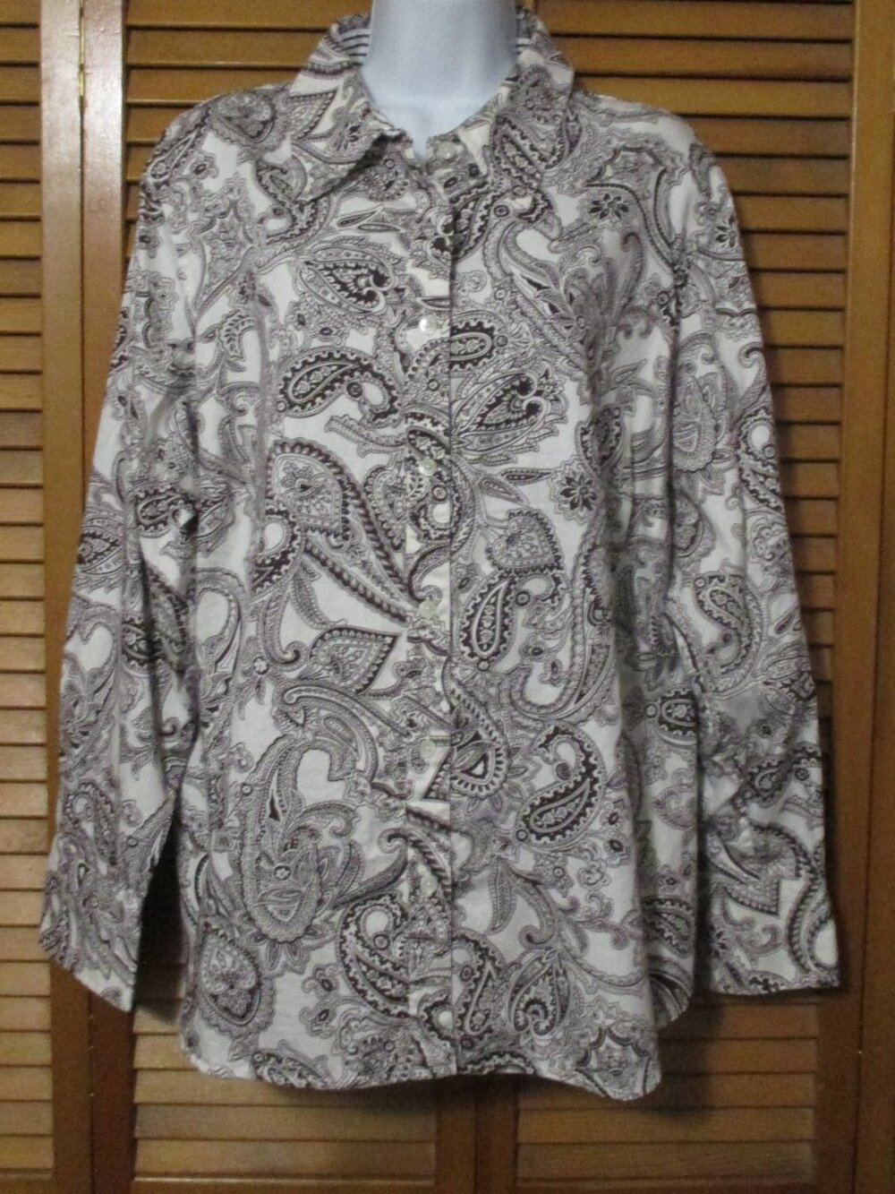 Jones New York top long sleeve button down brown & cream cotton blouse size 2x